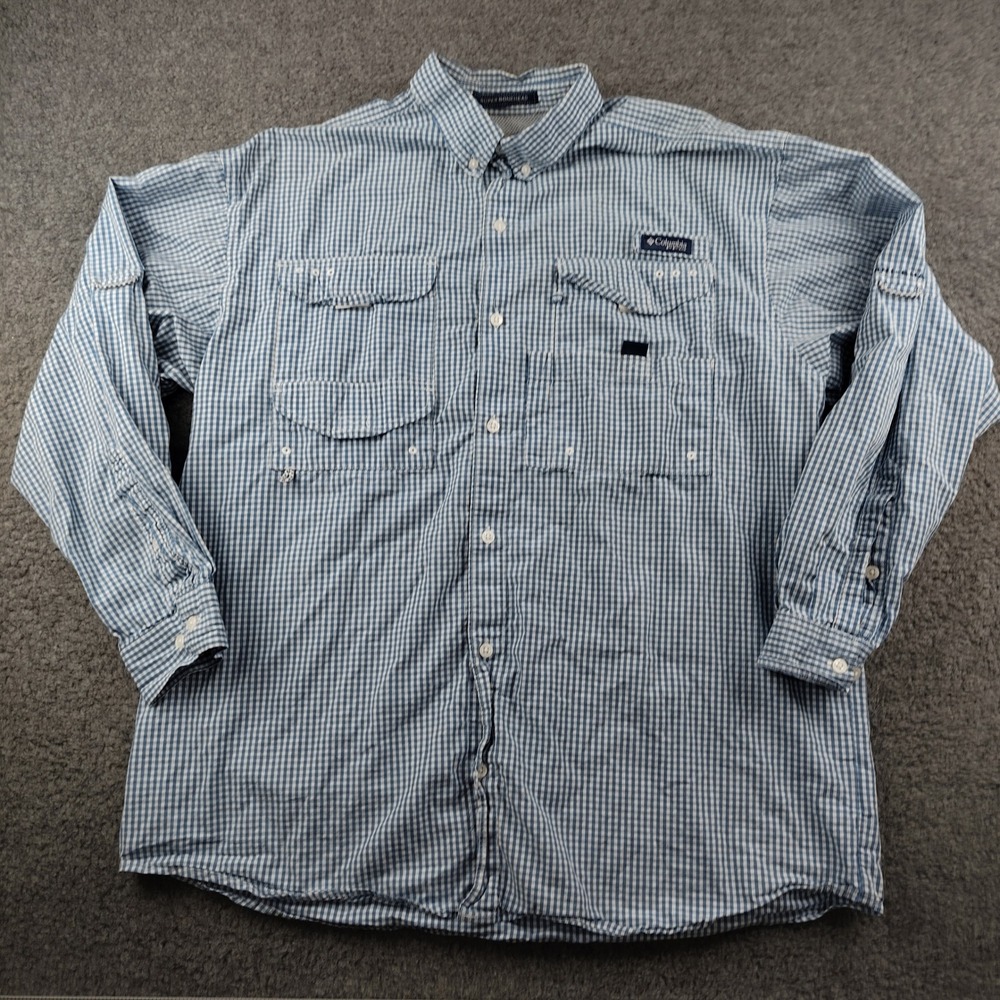 Columbia PFG Super Bonehead Fishing Shirt Mens XL Blue Gingham Long Sleeve